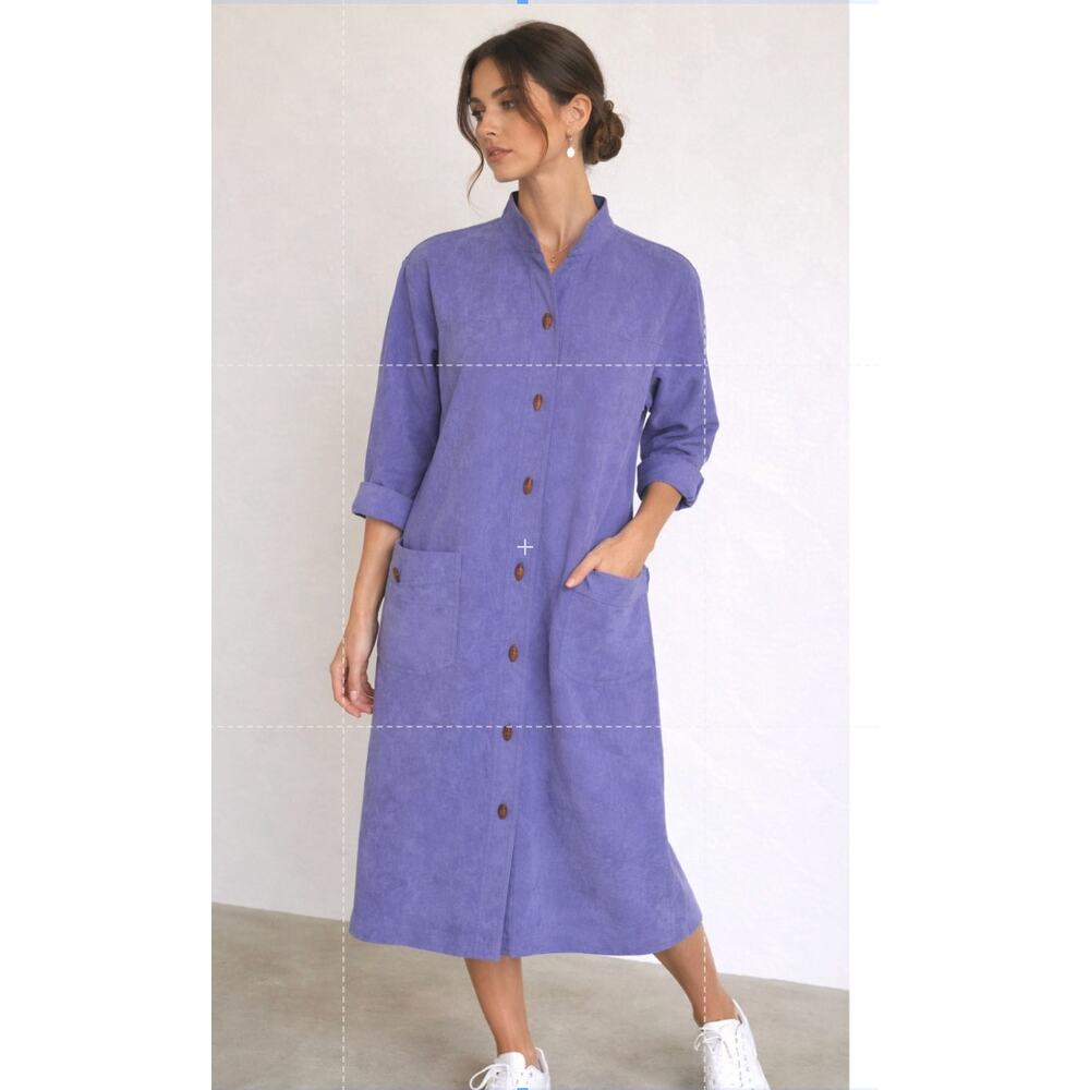 Vintage Anjac Purple Midi Dress Wood Buttons Pockets Size 10
